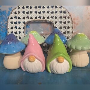 Colorful Ceramic Gnome and Mushroom Set, Set Of 6